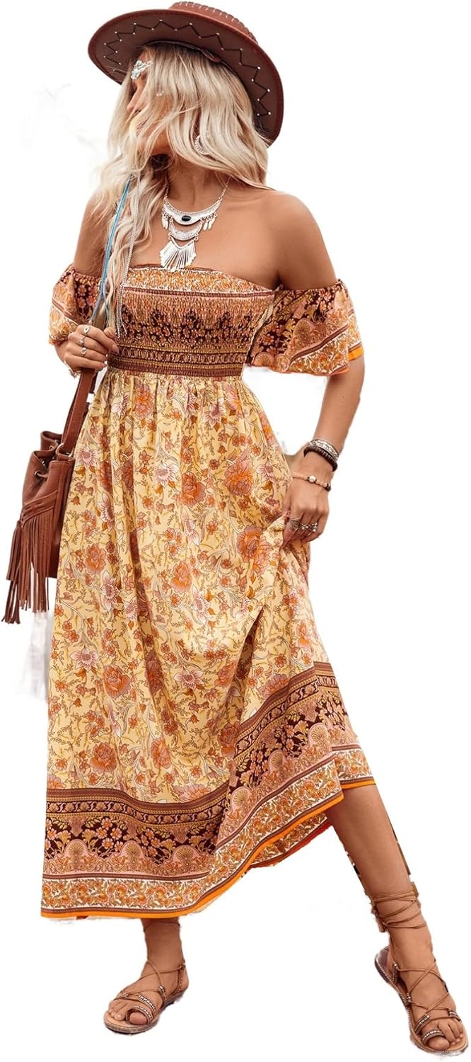 Floerns Women's Boho Floral Print Off Shoulder Split Long A Line Dress