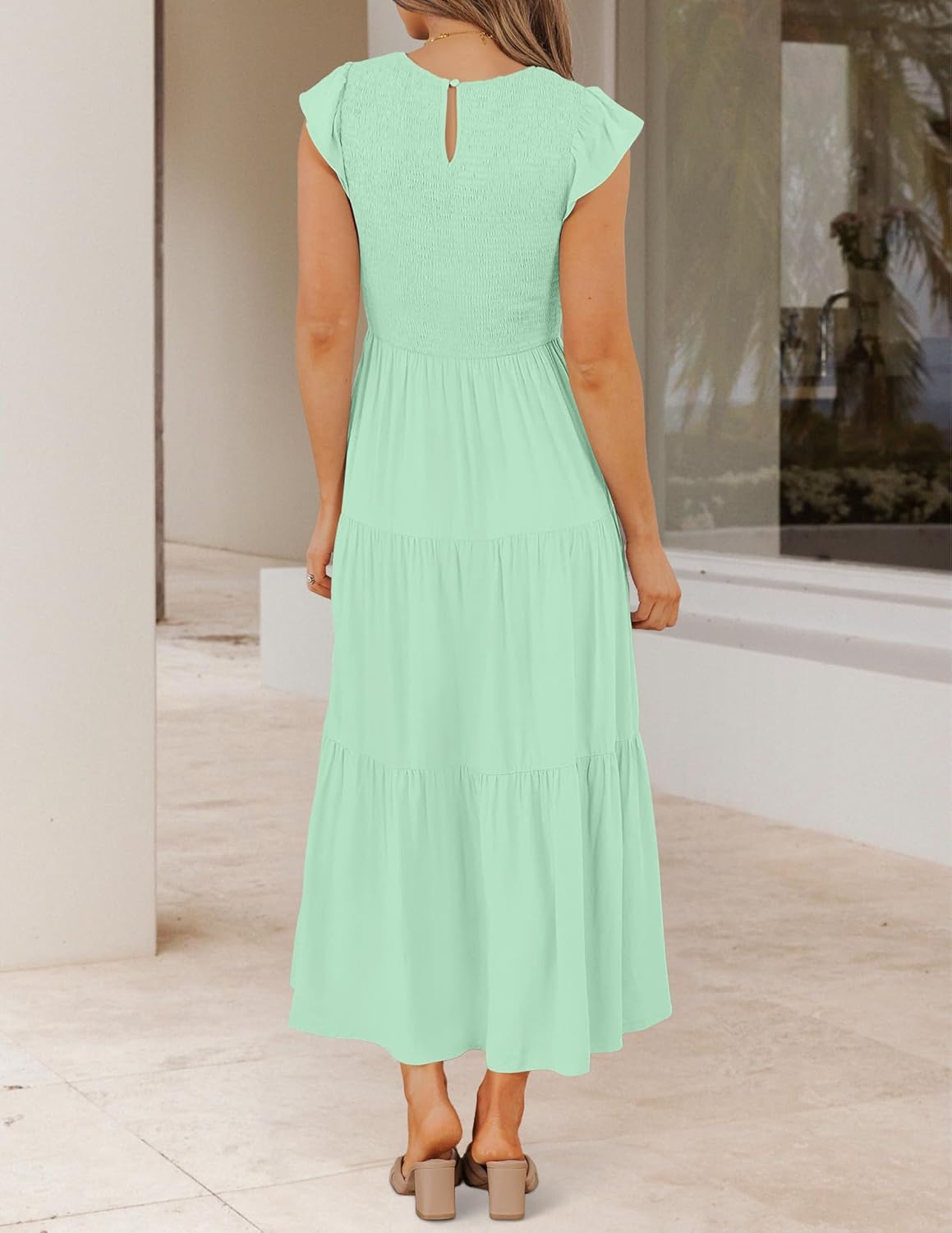 ZESICA Women's 2025 Summer Casual Flutter Short Sleeve Crew Neck Smocked Elastic Waist Tiered Midi Dress