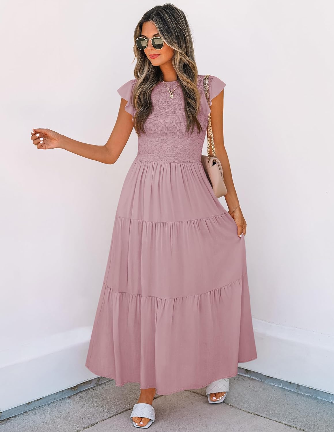 ZESICA Women's 2025 Summer Casual Flutter Short Sleeve Crew Neck Smocked Elastic Waist Tiered Midi Dress