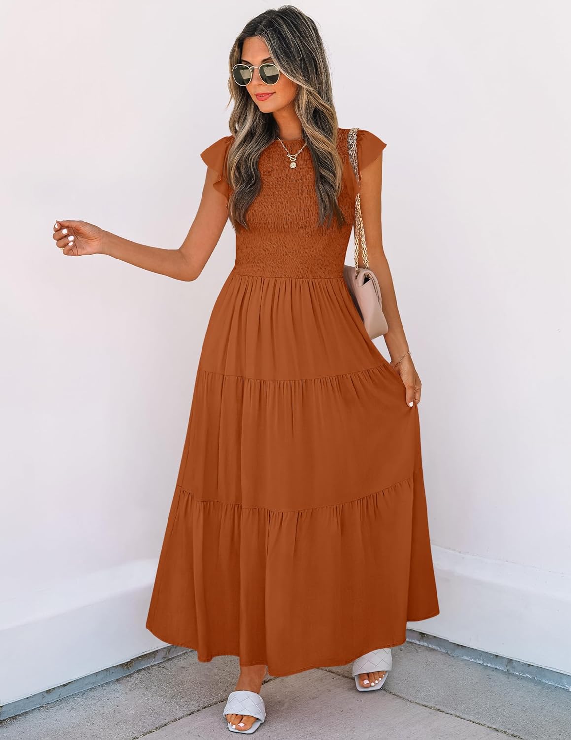 ZESICA Women's 2025 Summer Casual Flutter Short Sleeve Crew Neck Smocked Elastic Waist Tiered Midi Dress