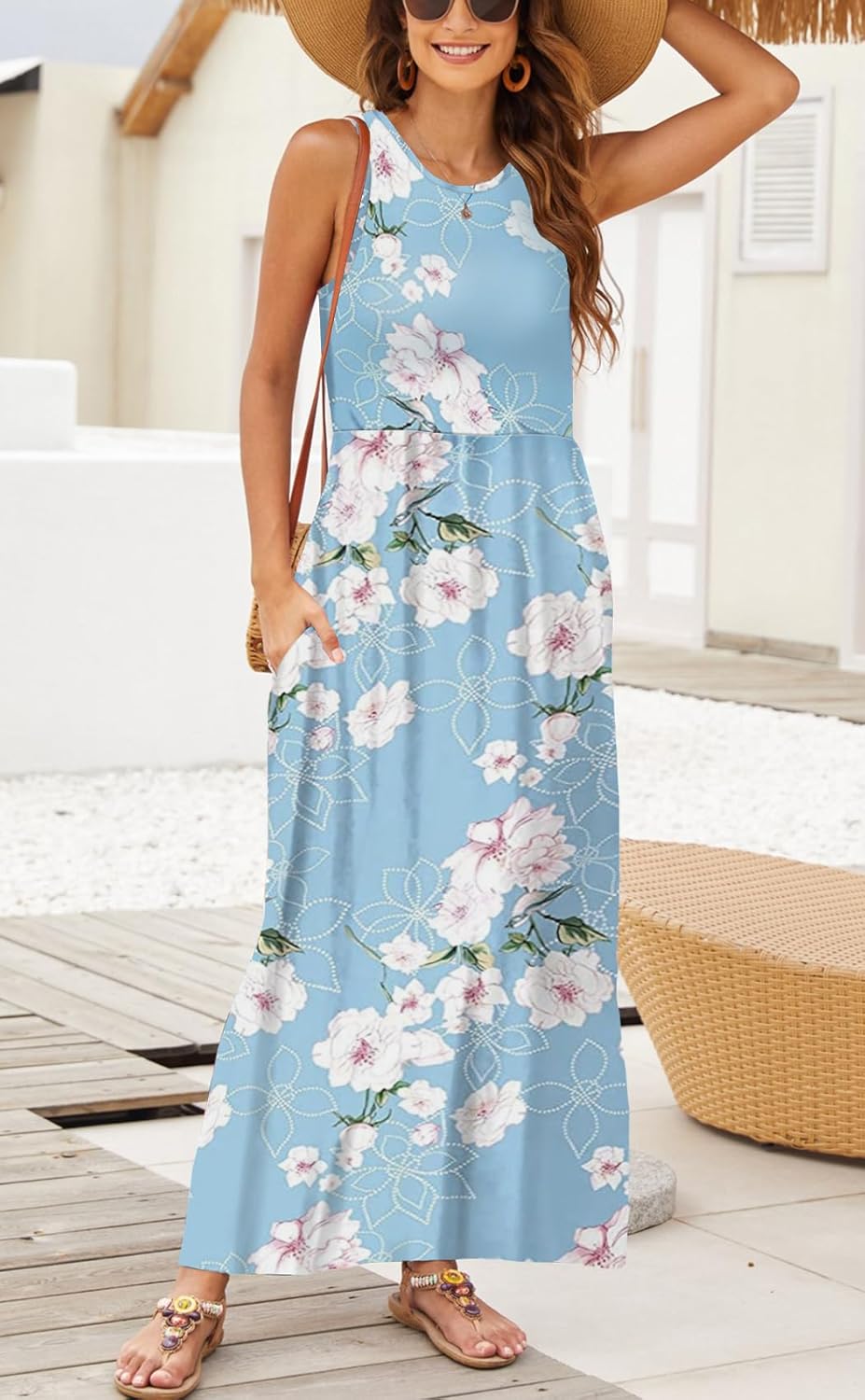 Hount Women's Summer Sleeveless Striped Flowy Casual Long Maxi Dress with Pockets