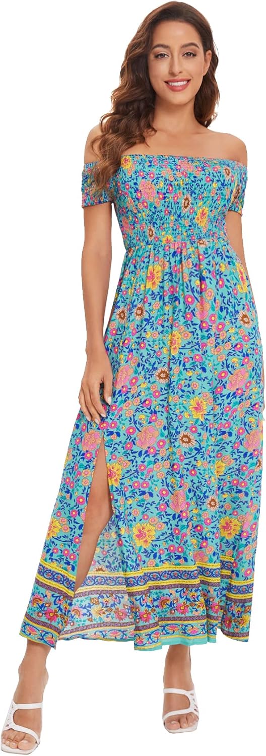 Floerns Women's Boho Floral Print Off Shoulder Split Long A Line Dress