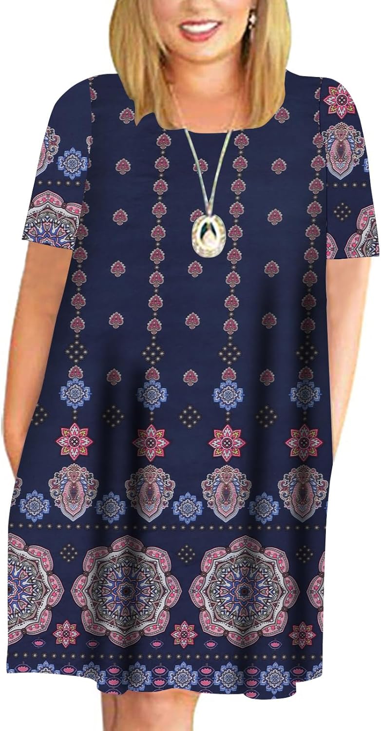 Kancystore Women Plus Size Dresses Short Sleeve Cold Shoulder Casual T-Shirt Swing Dress with Pockets