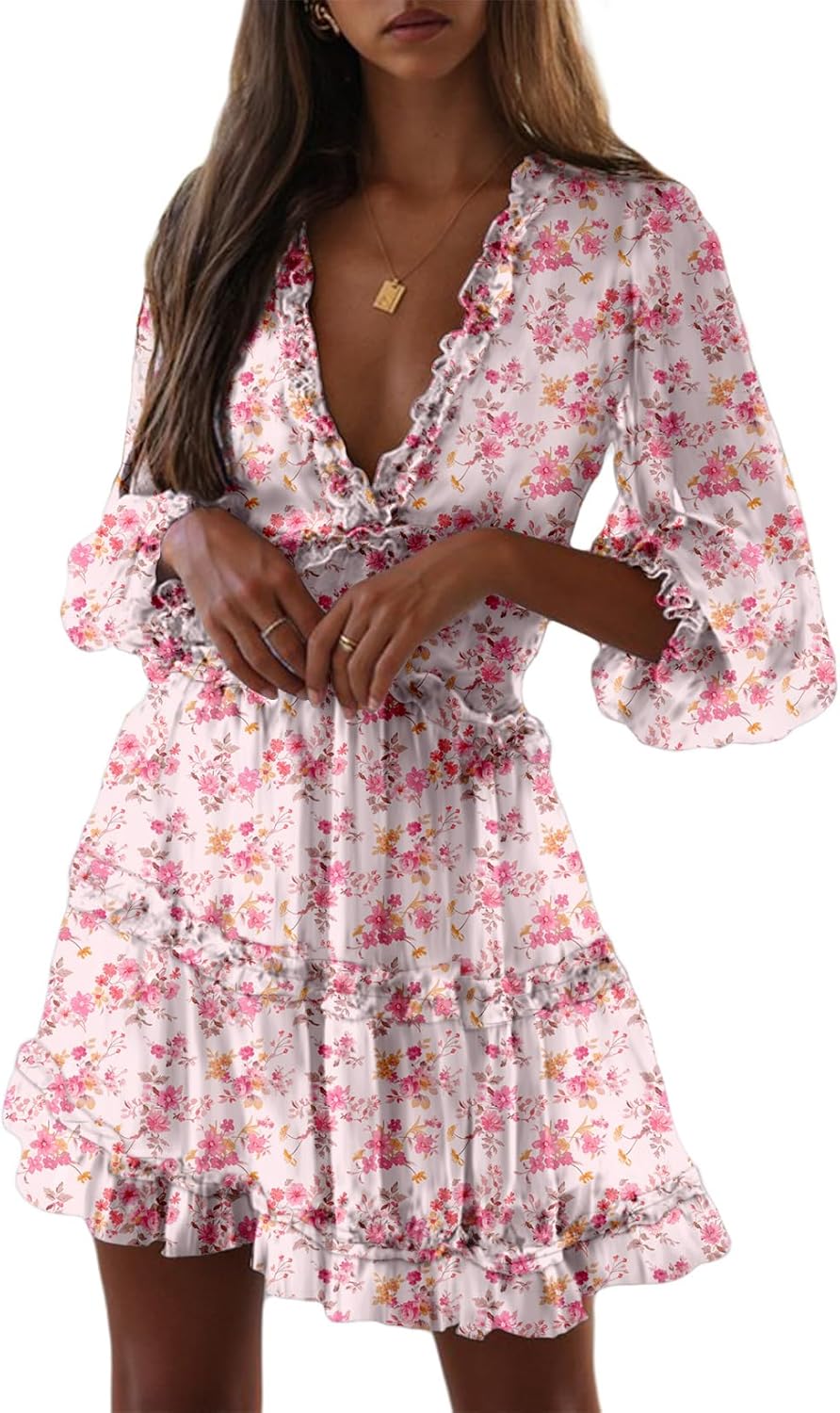 Dokotoo Womens 2025 Spring Summer Deep V Neck Long Sleeve Backless Ruffle Floral Flowy Mini Dress