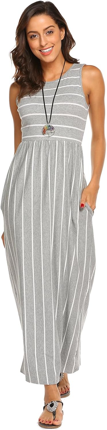 Hount Women's Summer Sleeveless Striped Flowy Casual Long Maxi Dress with Pockets