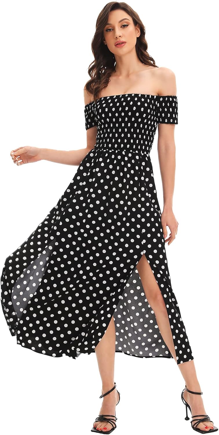Floerns Women's Boho Floral Print Off Shoulder Split Long A Line Dress