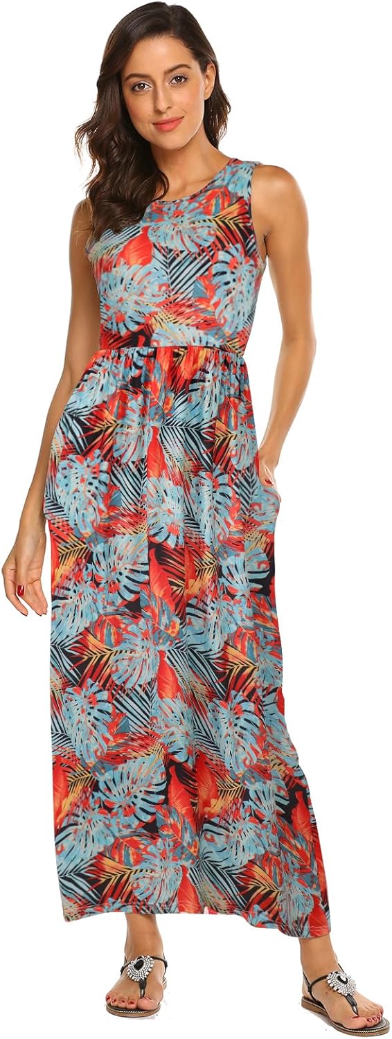 Hount Women's Summer Sleeveless Striped Flowy Casual Long Maxi Dress with Pockets