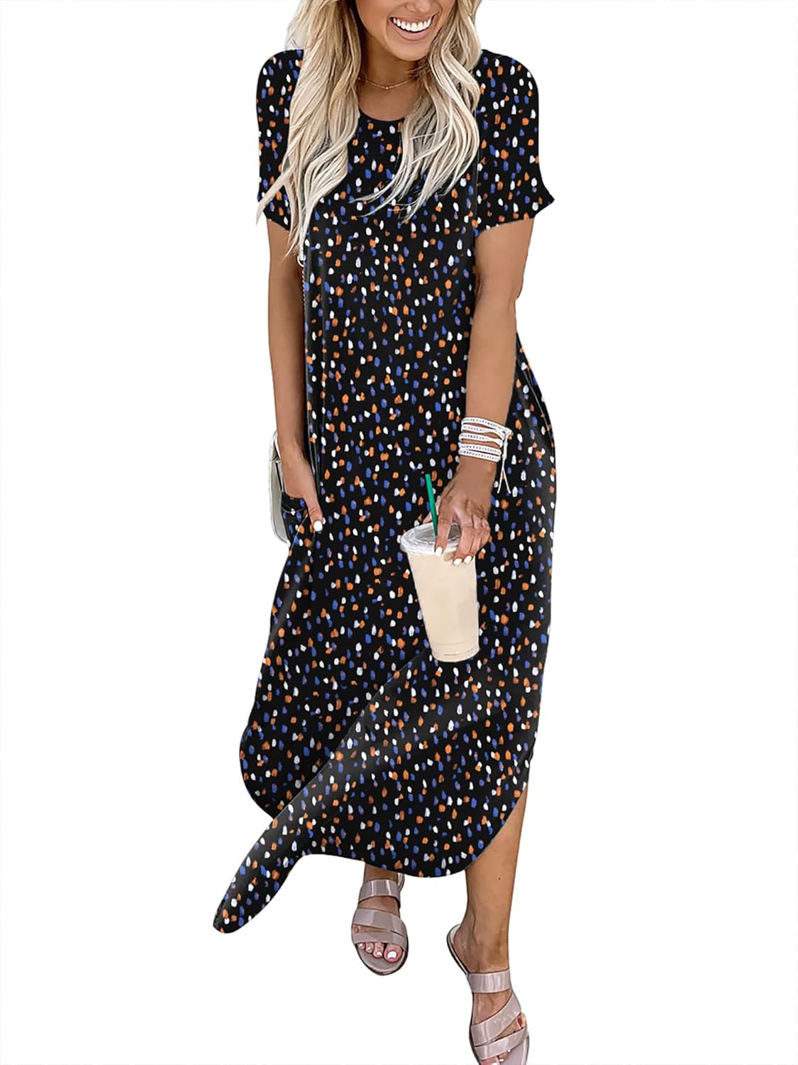 ANRABESS Women's Summer Casual Loose Short Sleeve Long T Shirt Dress Split Maxi Beach Sundress Travel Vacation Outfits