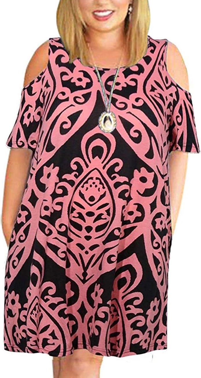 Kancystore Women Plus Size Dresses Short Sleeve Cold Shoulder Casual T-Shirt Swing Dress with Pockets