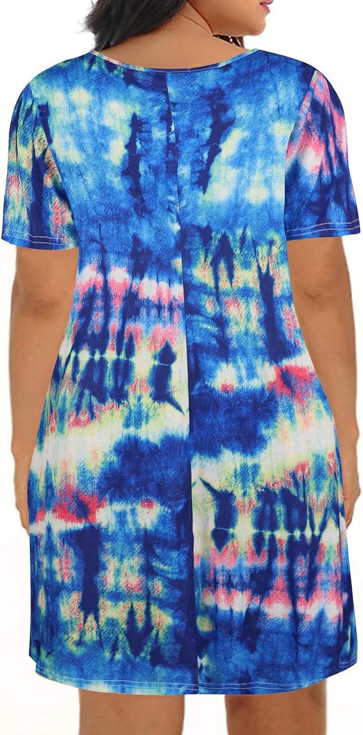 Kancystore Women Plus Size Dresses Short Sleeve Cold Shoulder Casual T-Shirt Swing Dress with Pockets