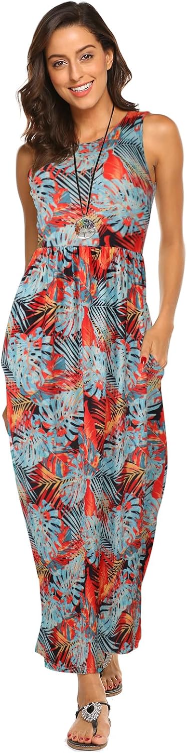 Hount Women's Summer Sleeveless Striped Flowy Casual Long Maxi Dress with Pockets