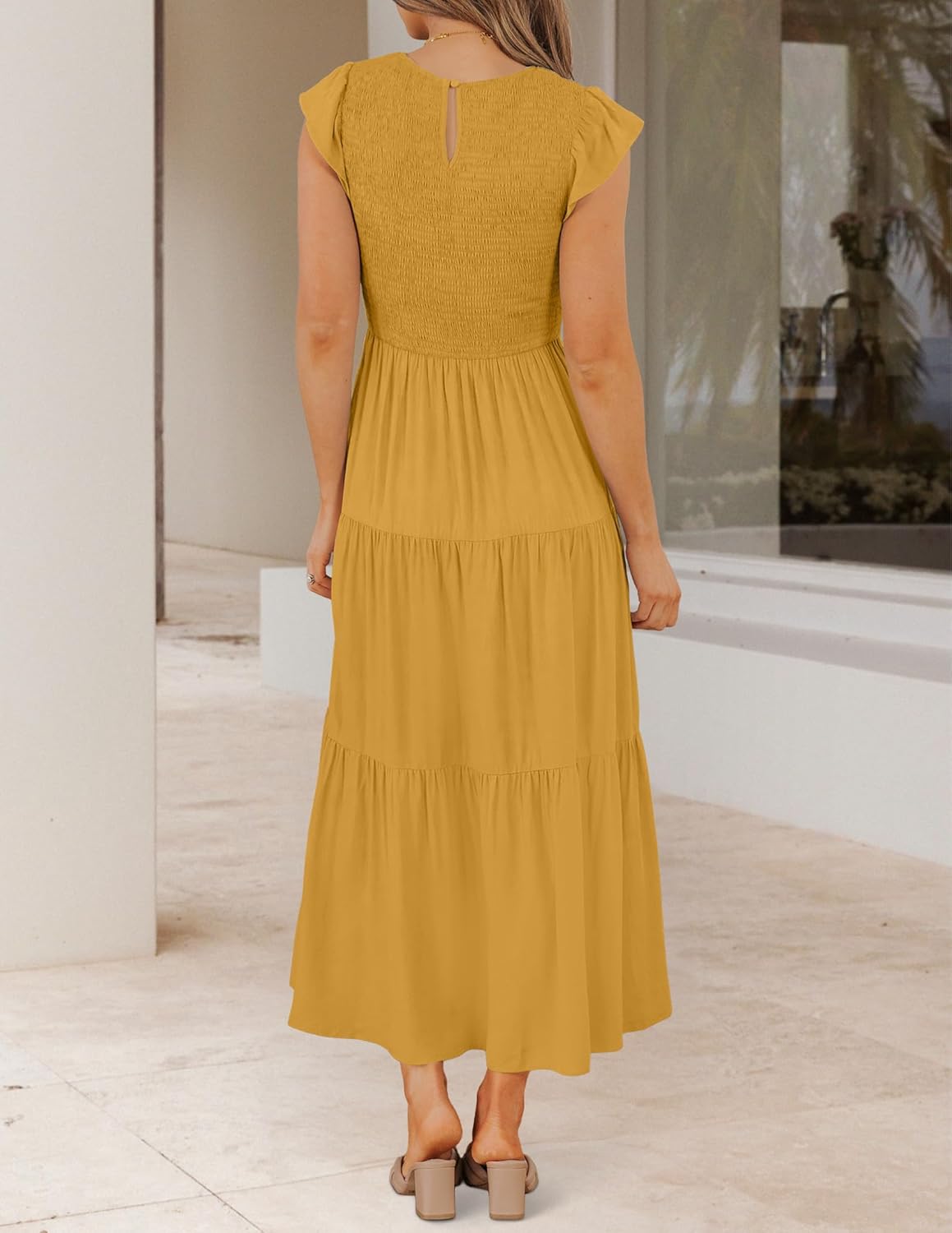 ZESICA Women's 2025 Summer Casual Flutter Short Sleeve Crew Neck Smocked Elastic Waist Tiered Midi Dress