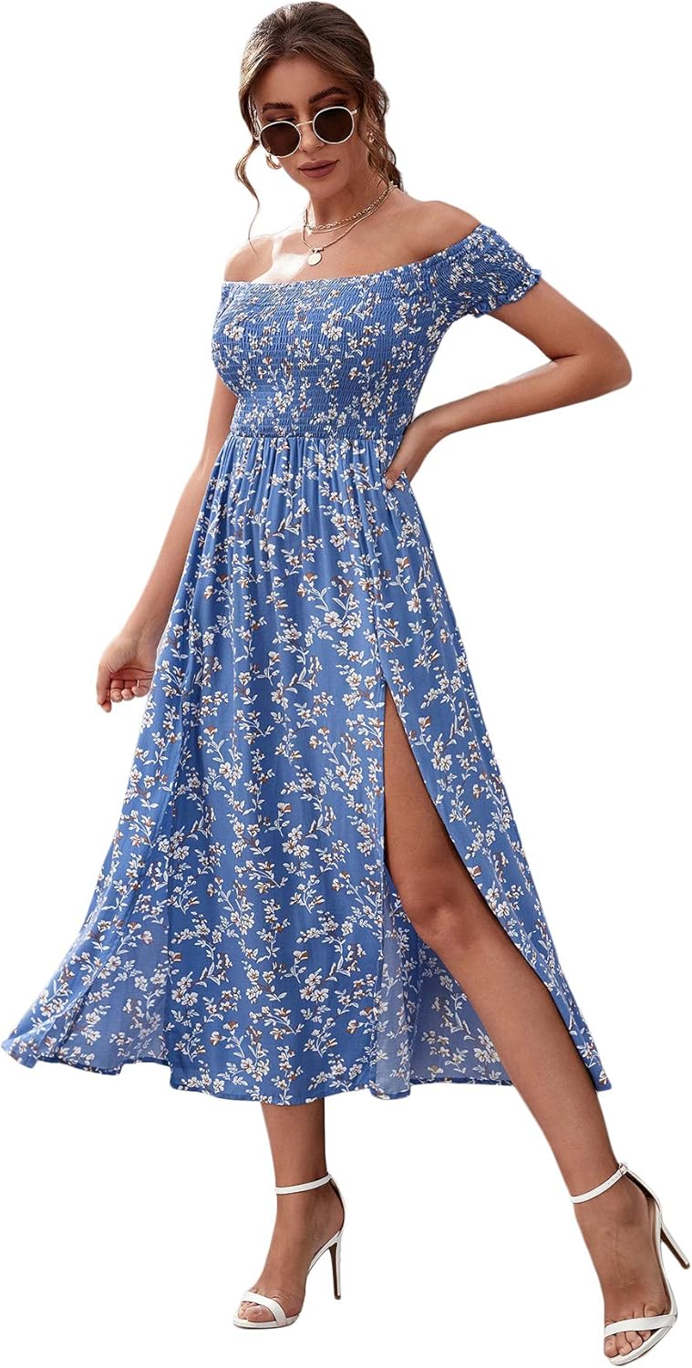 Floerns Women's Boho Floral Print Off Shoulder Split Long A Line Dress
