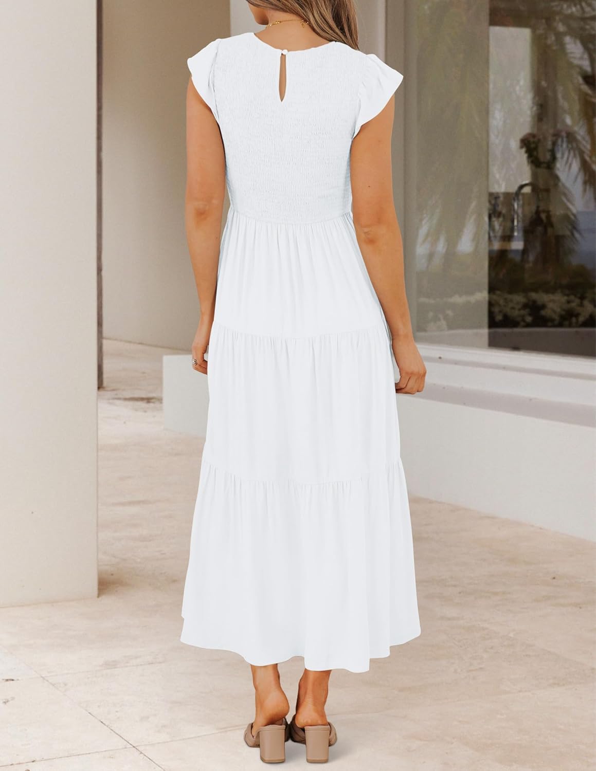 ZESICA Women's 2025 Summer Casual Flutter Short Sleeve Crew Neck Smocked Elastic Waist Tiered Midi Dress
