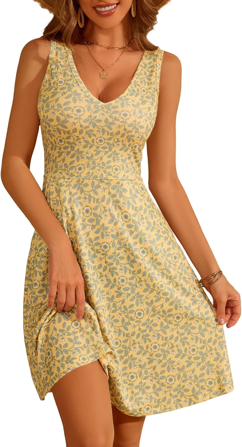 HUHOT Womens Sleeveless V Neck Dress with Pocket Summer Beach Midi Flared Tank Dress
