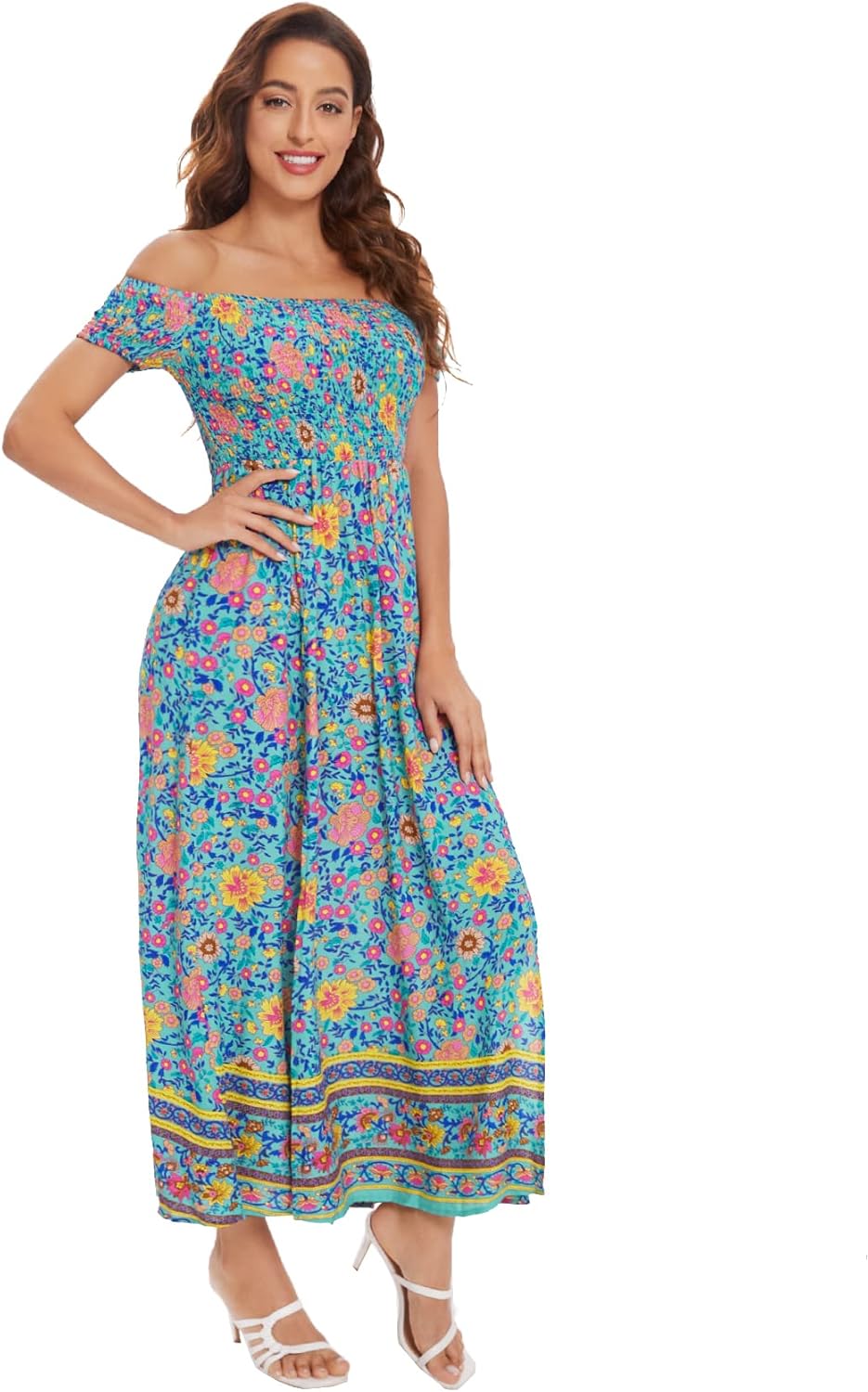 Floerns Women's Boho Floral Print Off Shoulder Split Long A Line Dress