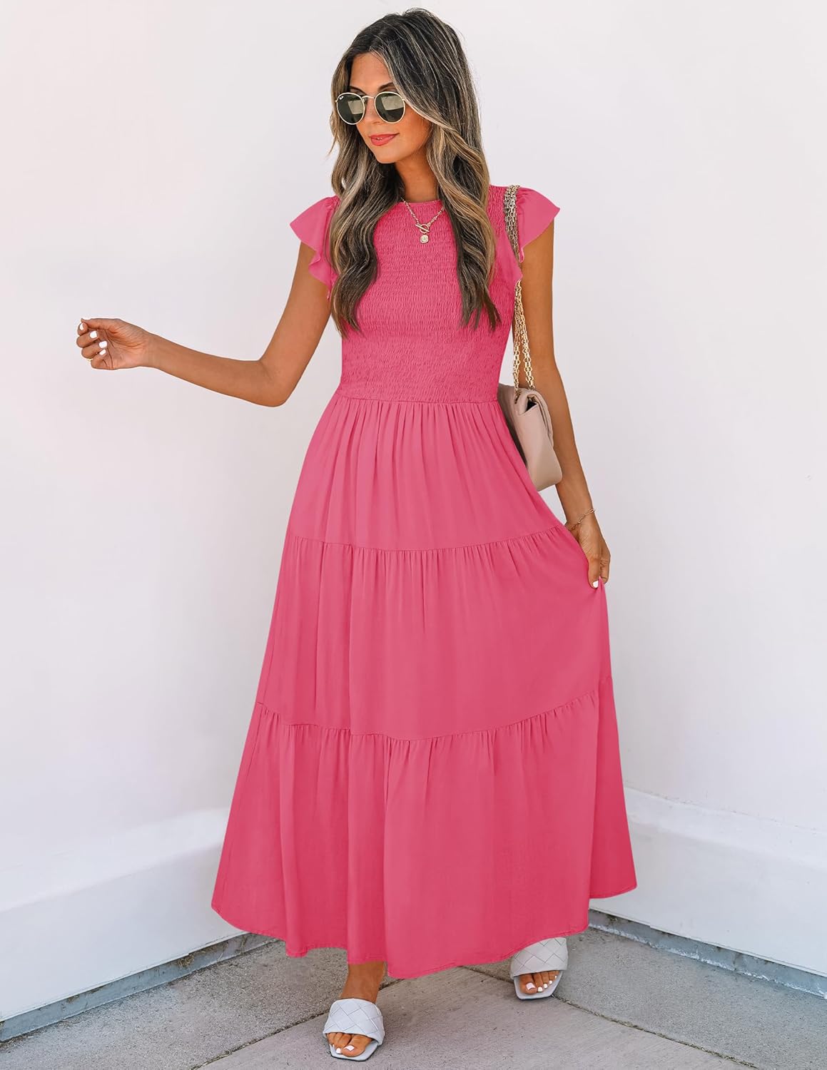 ZESICA Women's 2025 Summer Casual Flutter Short Sleeve Crew Neck Smocked Elastic Waist Tiered Midi Dress
