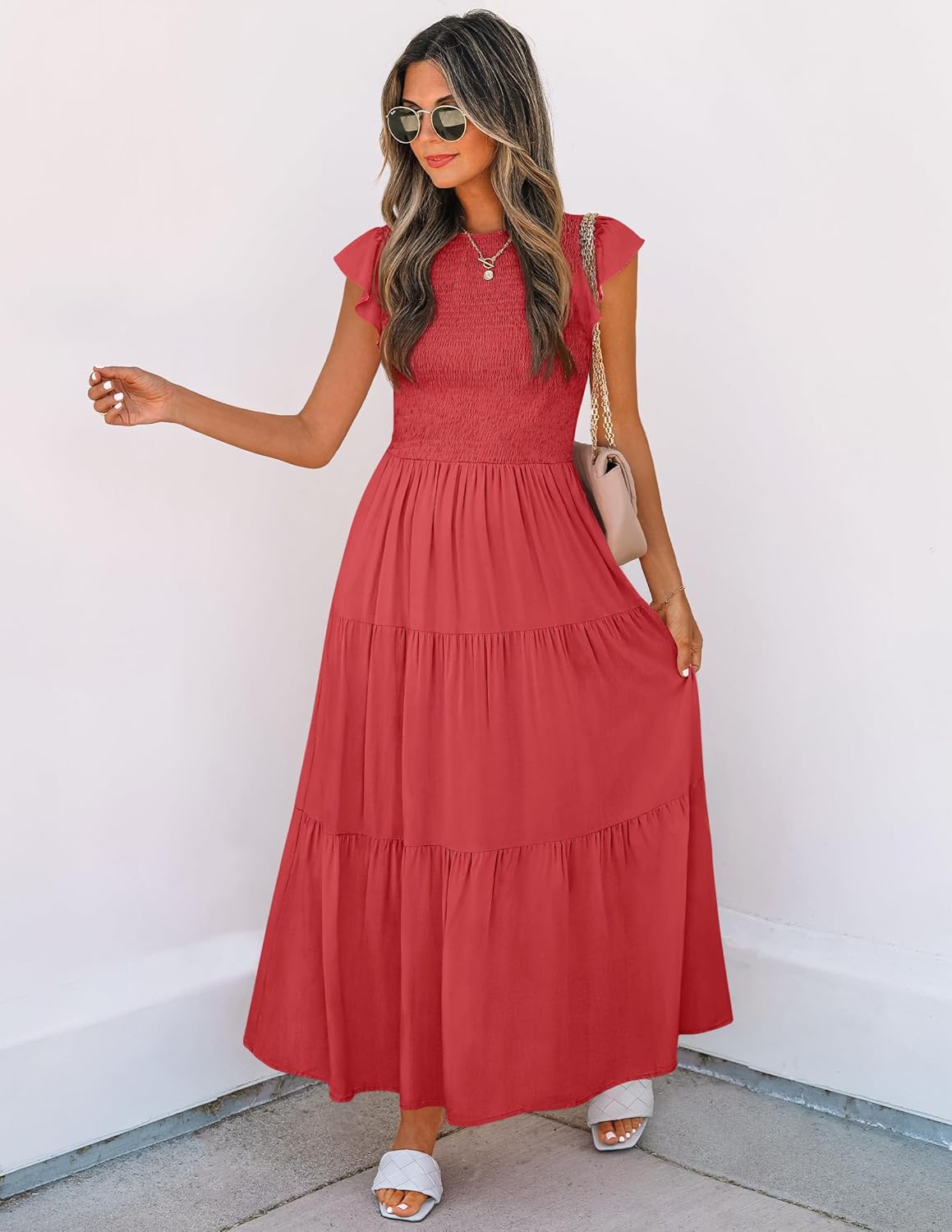 ZESICA Women's 2025 Summer Casual Flutter Short Sleeve Crew Neck Smocked Elastic Waist Tiered Midi Dress