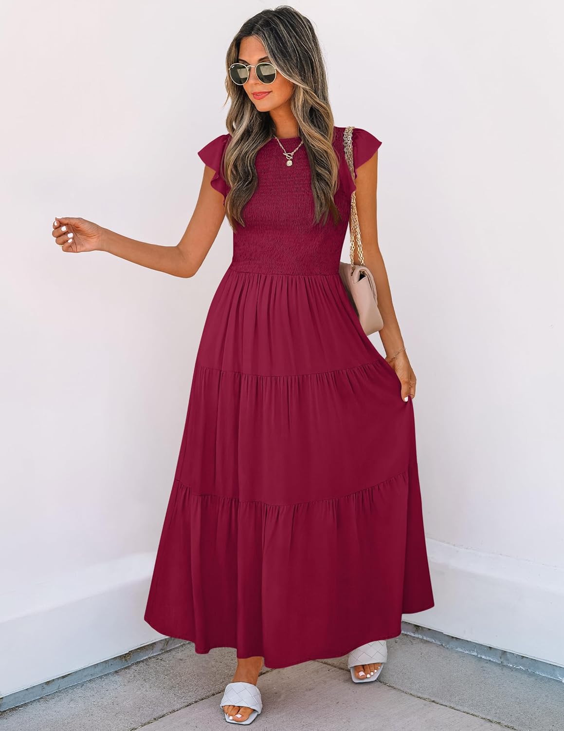 ZESICA Women's 2025 Summer Casual Flutter Short Sleeve Crew Neck Smocked Elastic Waist Tiered Midi Dress