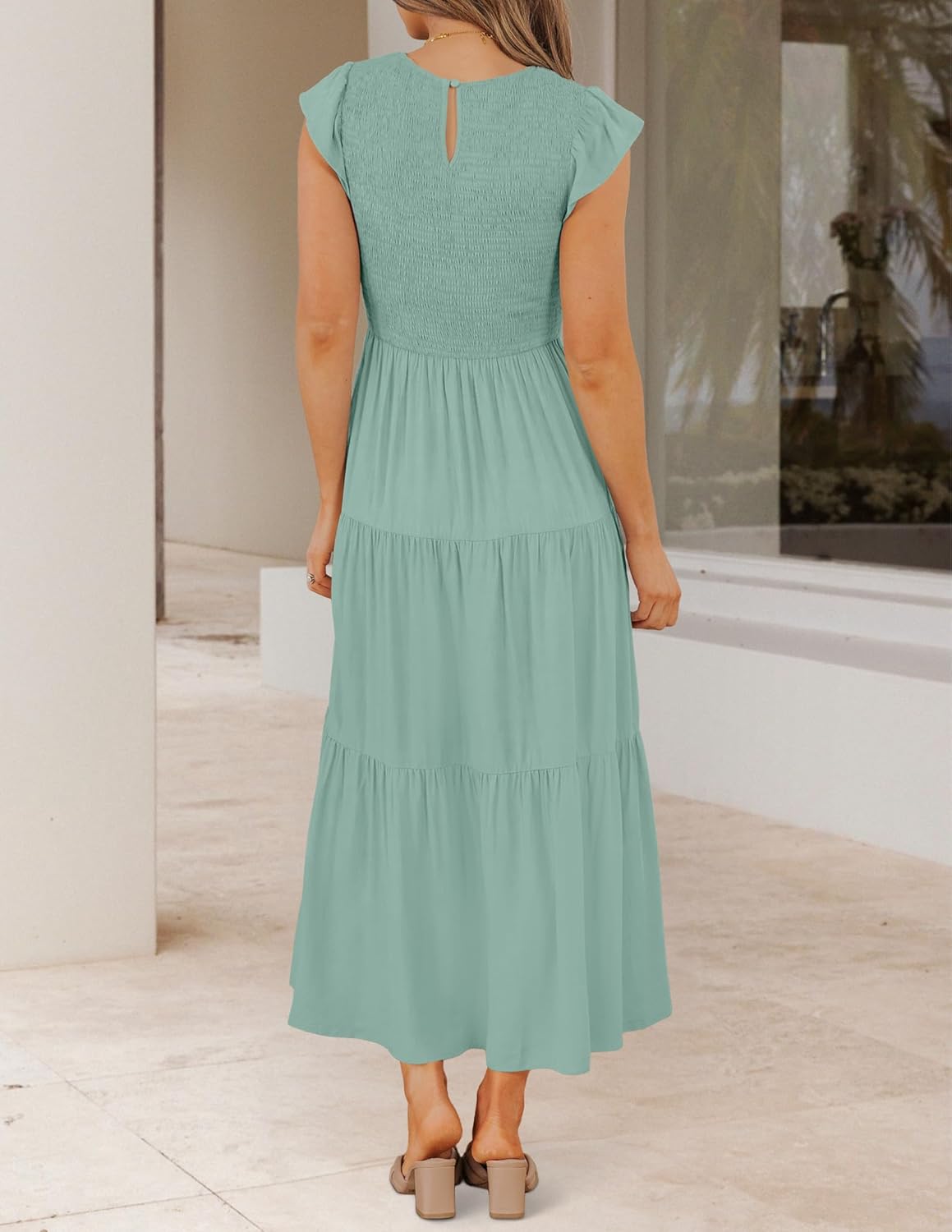 ZESICA Women's 2025 Summer Casual Flutter Short Sleeve Crew Neck Smocked Elastic Waist Tiered Midi Dress