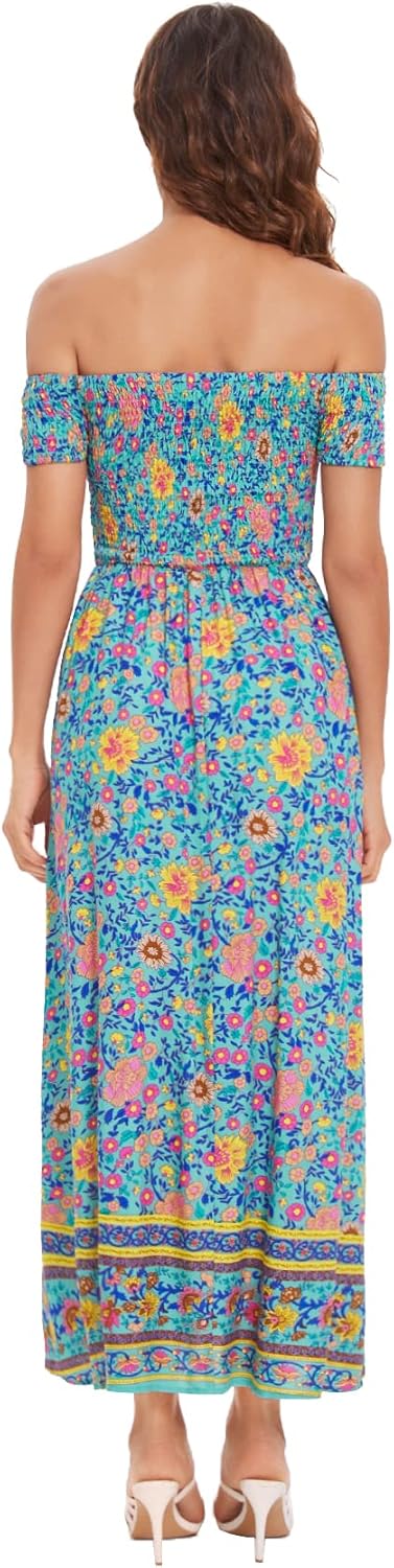 Floerns Women's Boho Floral Print Off Shoulder Split Long A Line Dress