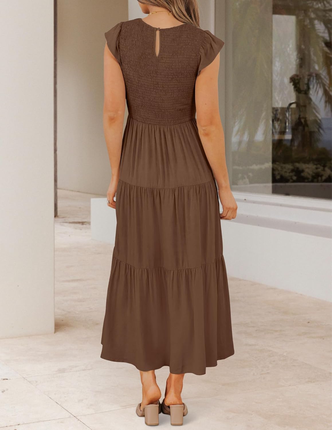 ZESICA Women's 2025 Summer Casual Flutter Short Sleeve Crew Neck Smocked Elastic Waist Tiered Midi Dress