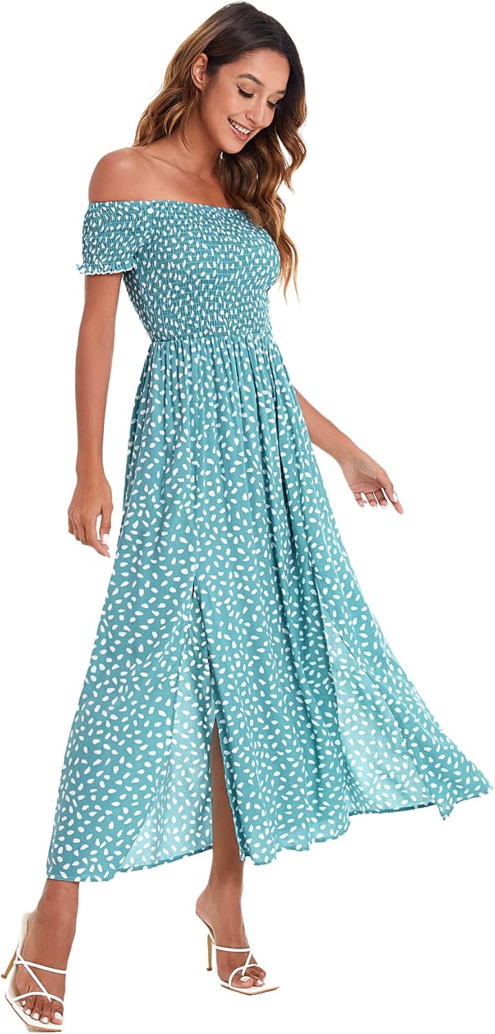 Floerns Women's Boho Floral Print Off Shoulder Split Long A Line Dress