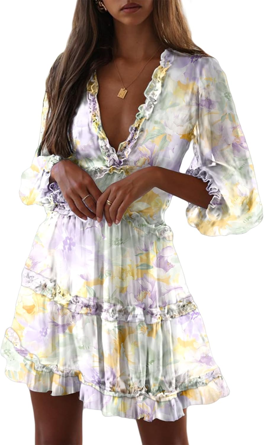 Dokotoo Womens 2025 Spring Summer Deep V Neck Long Sleeve Backless Ruffle Floral Flowy Mini Dress