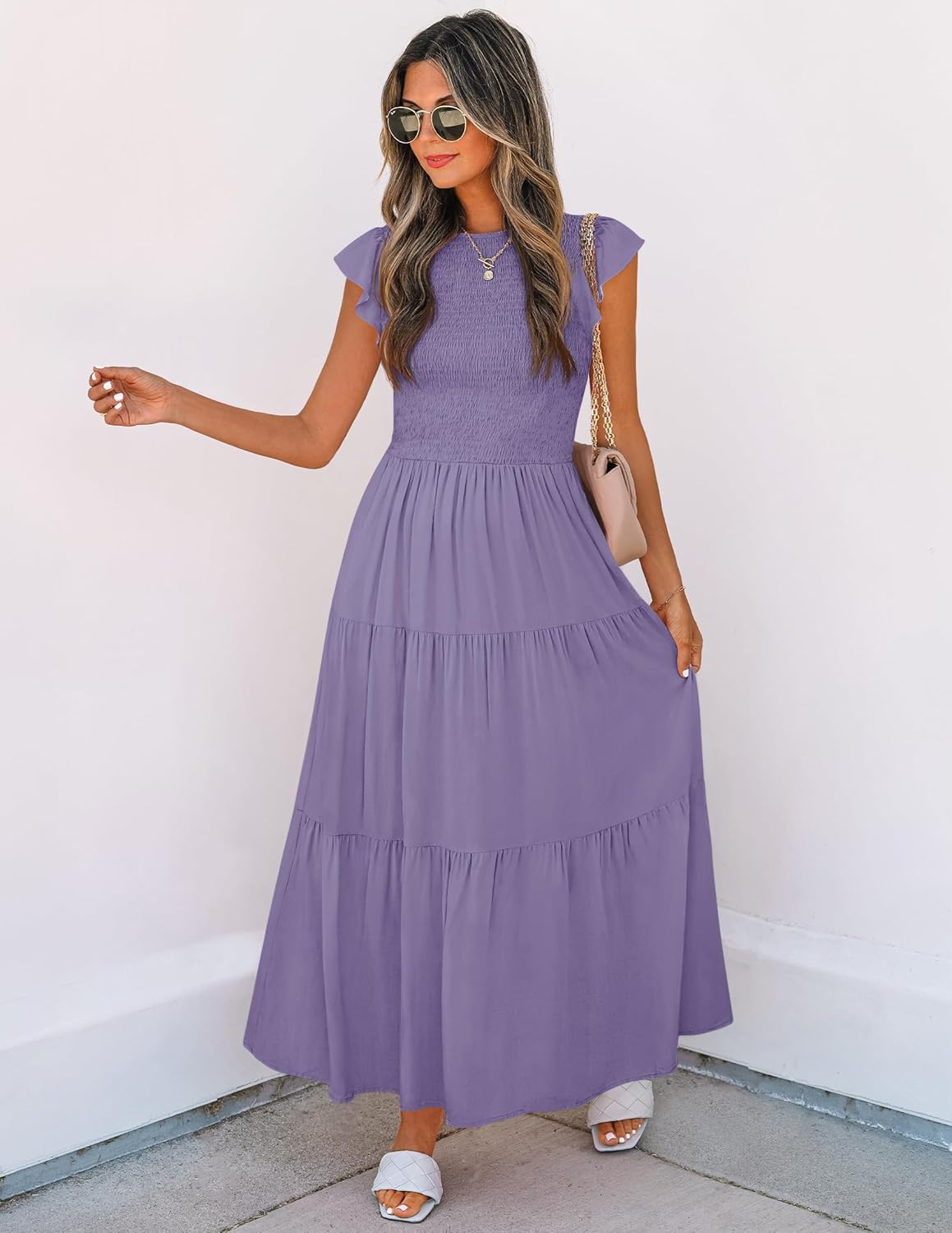 ZESICA Women's 2025 Summer Casual Flutter Short Sleeve Crew Neck Smocked Elastic Waist Tiered Midi Dress