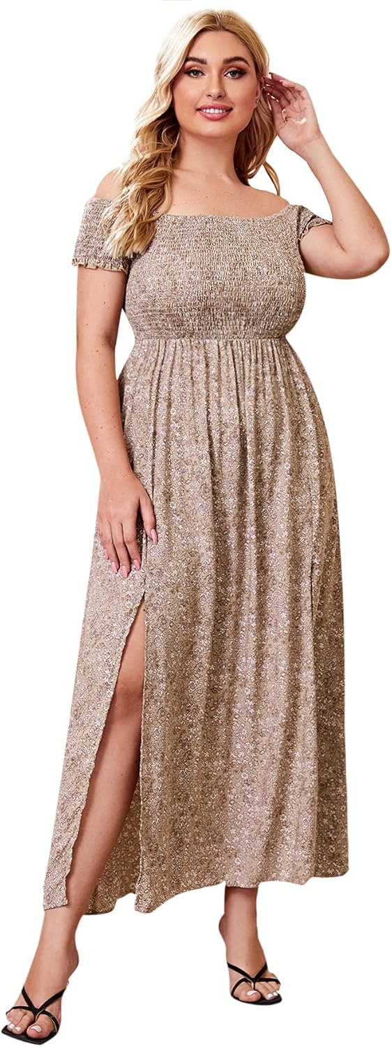 Floerns Women's Boho Floral Print Off Shoulder Split Long A Line Dress