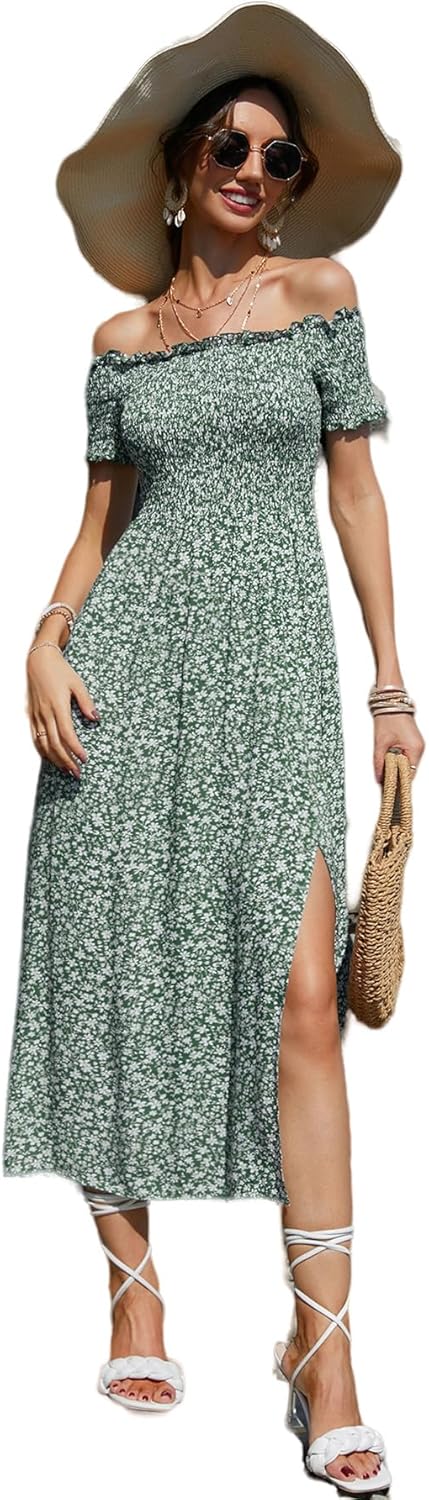 Floerns Women's Boho Floral Print Off Shoulder Split Long A Line Dress