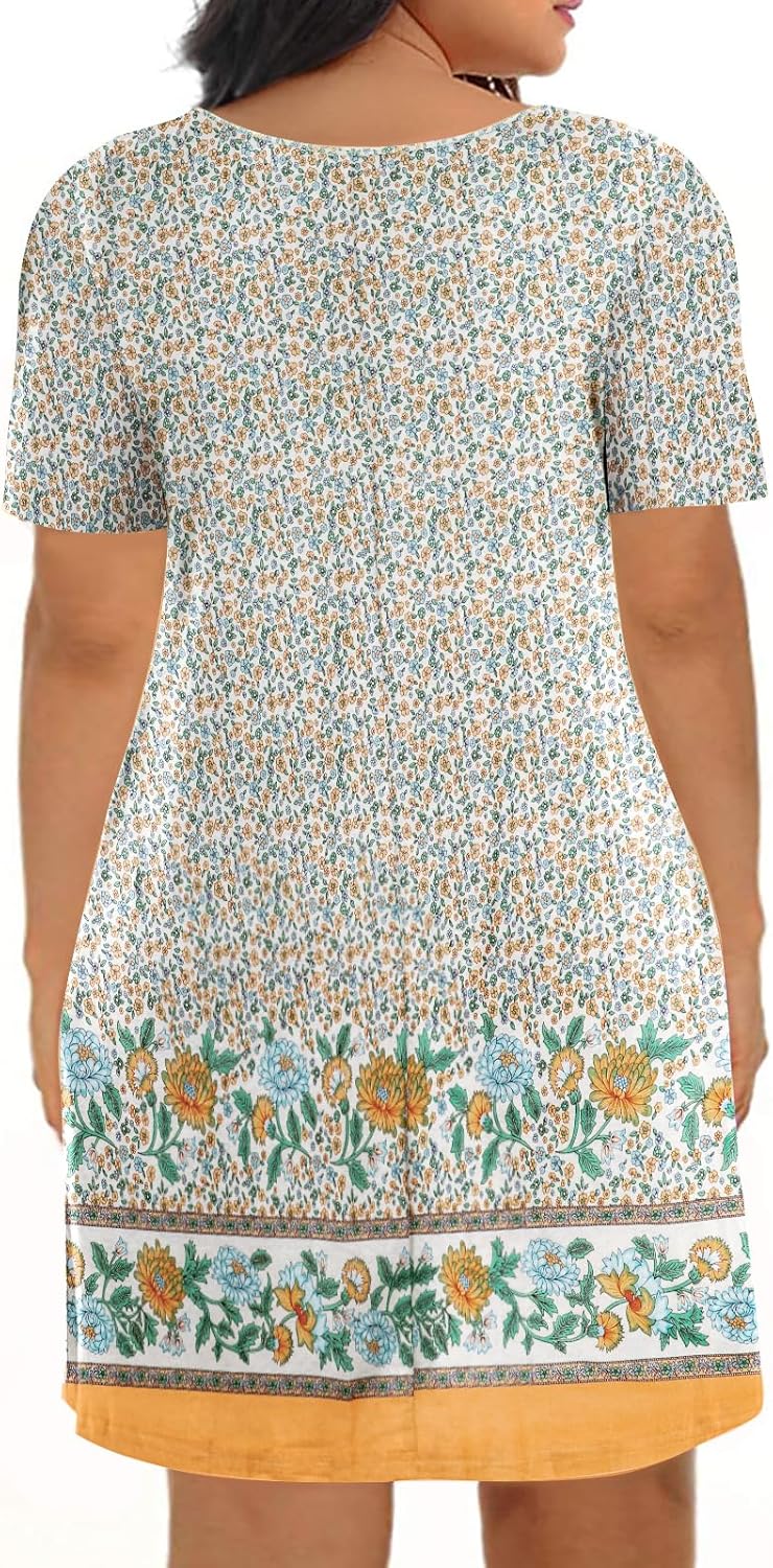 Kancystore Women Plus Size Dresses Short Sleeve Cold Shoulder Casual T-Shirt Swing Dress with Pockets