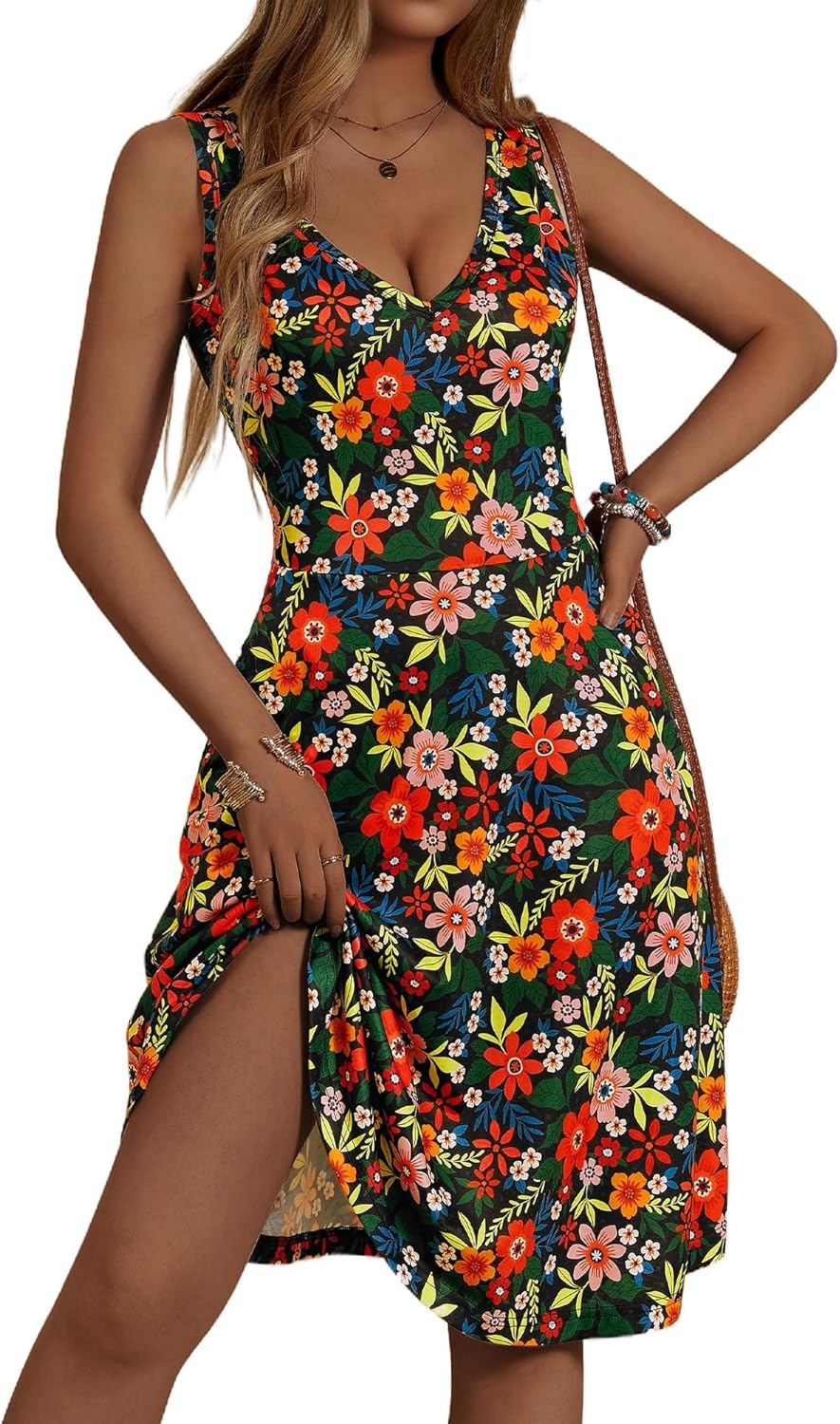 HUHOT Womens Sleeveless V Neck Dress with Pocket Summer Beach Midi Flared Tank Dress