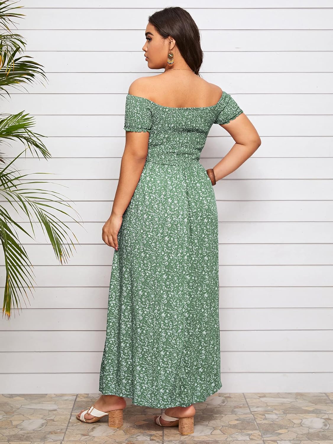 Floerns Women's Boho Floral Print Off Shoulder Split Long A Line Dress