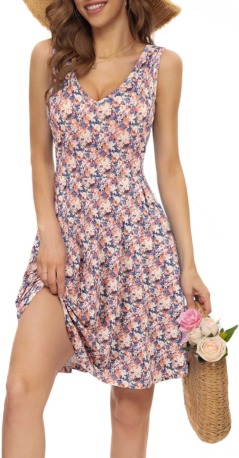 HUHOT Womens Sleeveless V Neck Dress with Pocket Summer Beach Midi Flared Tank Dress