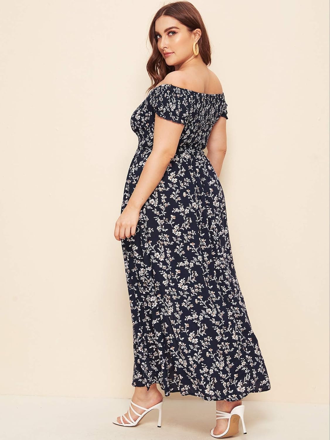 Floerns Women's Boho Floral Print Off Shoulder Split Long A Line Dress