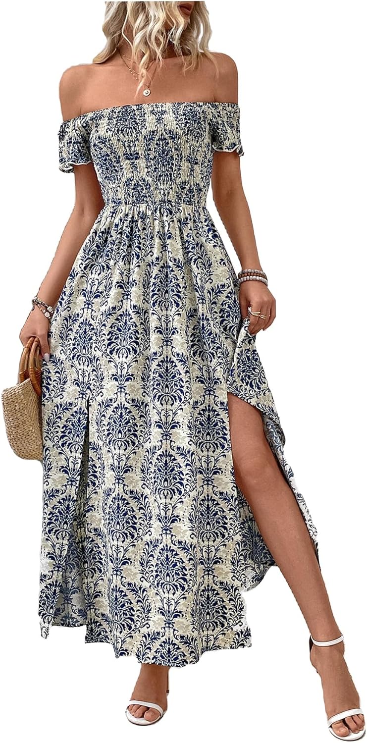 Floerns Women's Boho Floral Print Off Shoulder Split Long A Line Dress