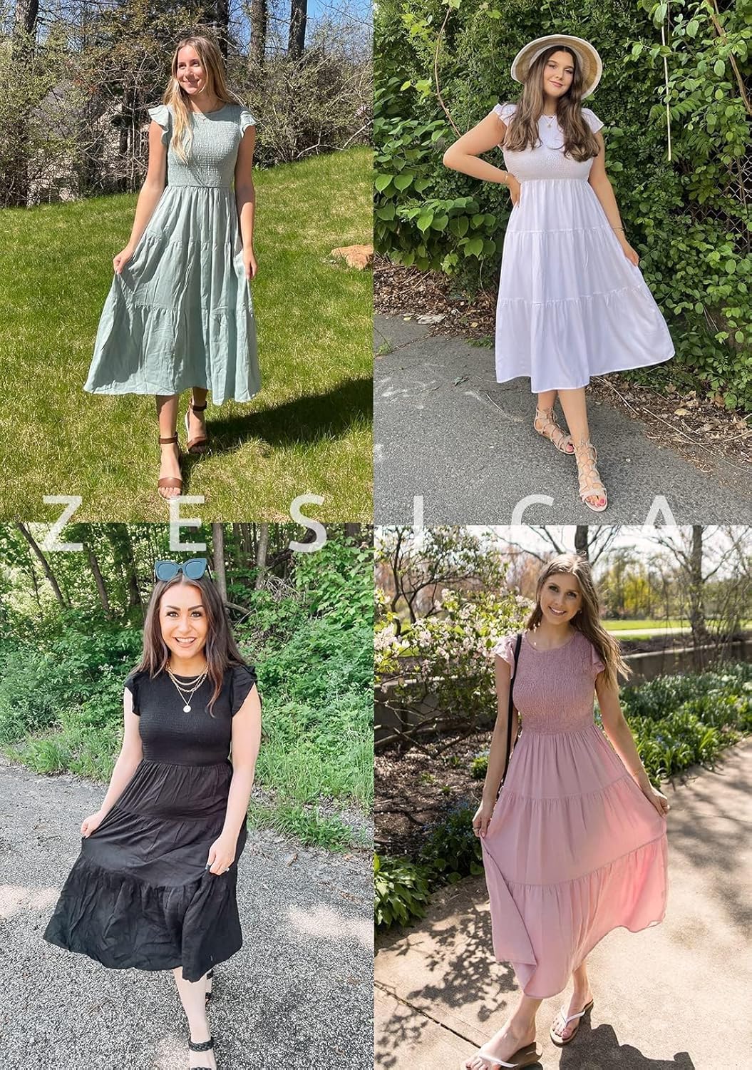 ZESICA Women's 2025 Summer Casual Flutter Short Sleeve Crew Neck Smocked Elastic Waist Tiered Midi Dress