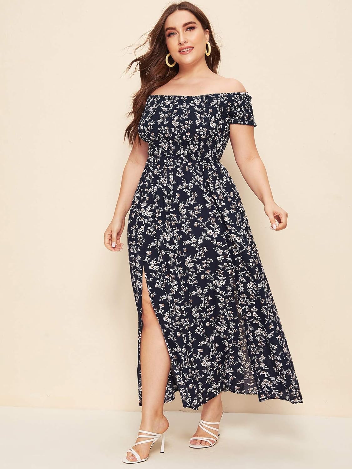 Floerns Women's Boho Floral Print Off Shoulder Split Long A Line Dress
