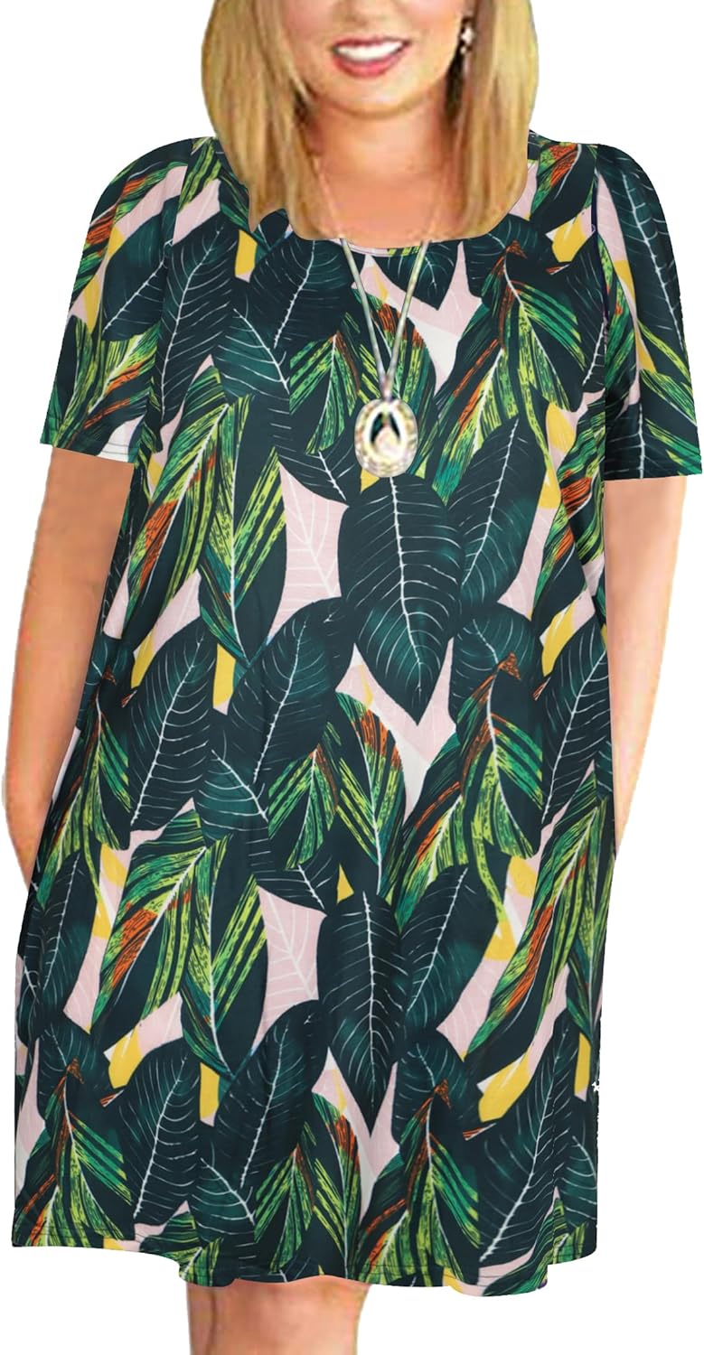 Kancystore Women Plus Size Dresses Short Sleeve Cold Shoulder Casual T-Shirt Swing Dress with Pockets