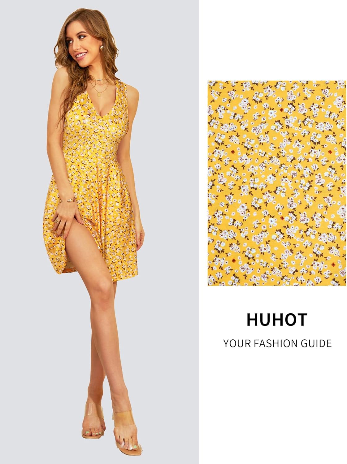 HUHOT Womens Sleeveless V Neck Dress with Pocket Summer Beach Midi Flared Tank Dress