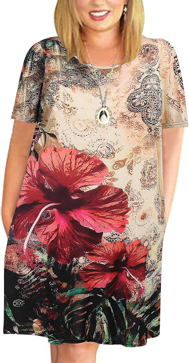 Kancystore Women Plus Size Dresses Short Sleeve Cold Shoulder Casual T-Shirt Swing Dress with Pockets