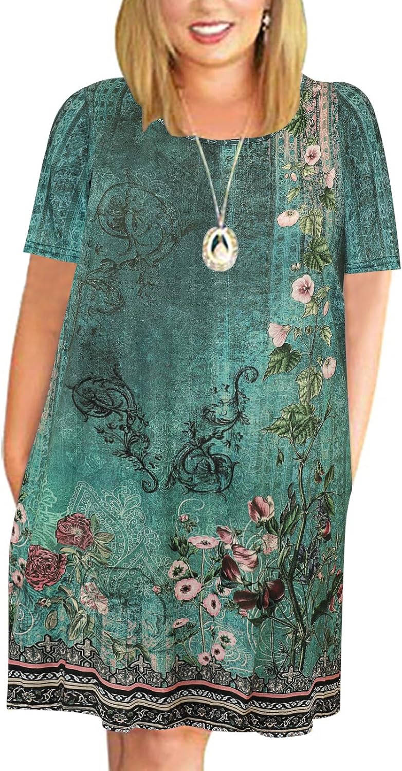 Kancystore Women Plus Size Dresses Short Sleeve Cold Shoulder Casual T-Shirt Swing Dress with Pockets