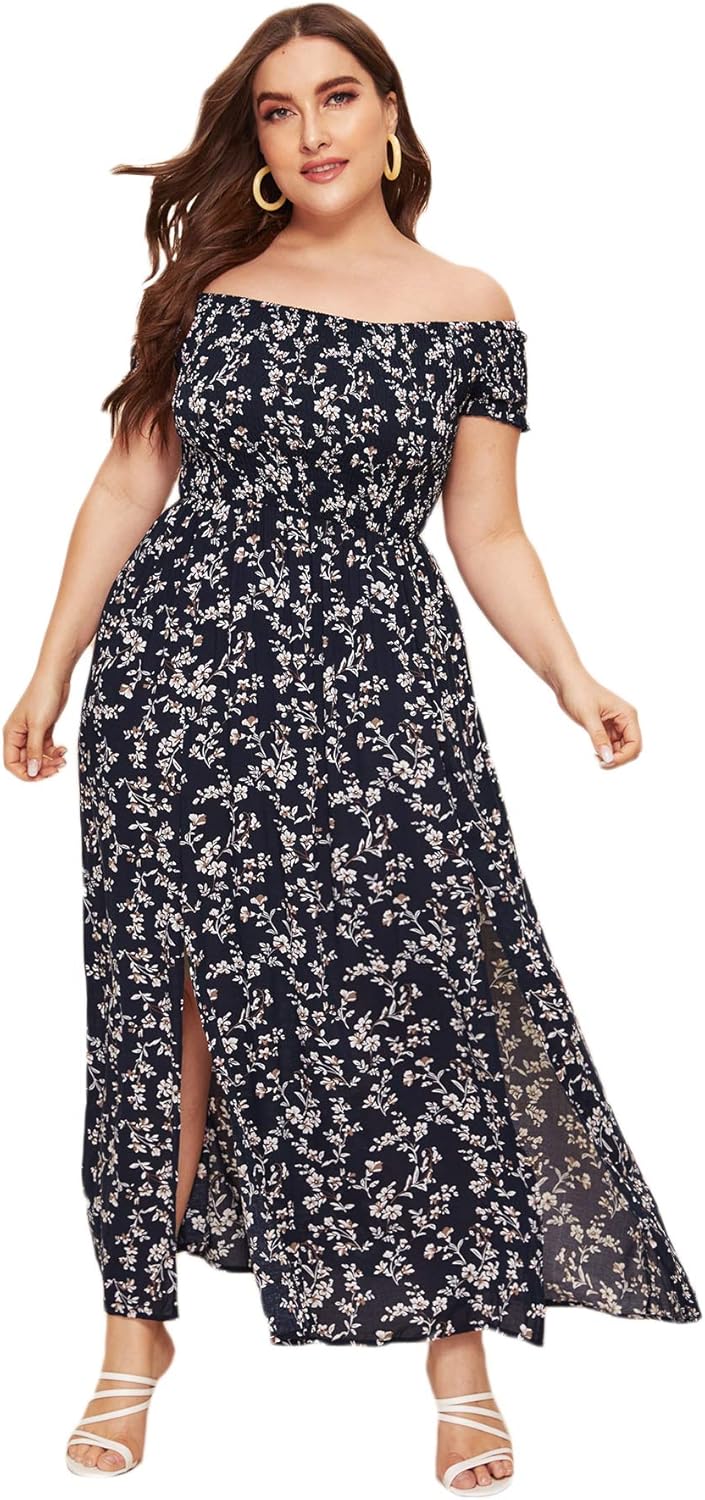 Floerns Women's Boho Floral Print Off Shoulder Split Long A Line Dress