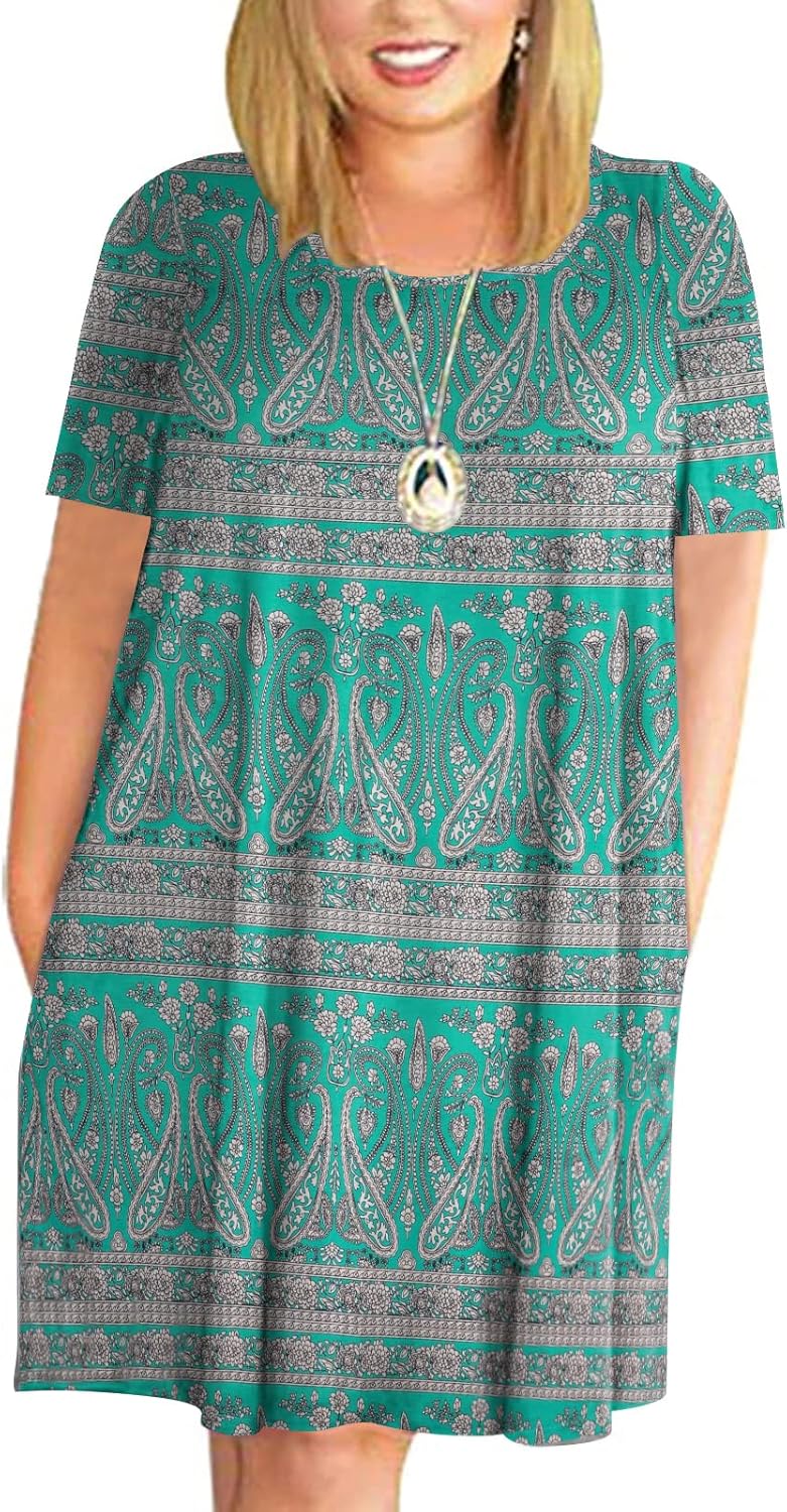 Kancystore Women Plus Size Dresses Short Sleeve Cold Shoulder Casual T-Shirt Swing Dress with Pockets