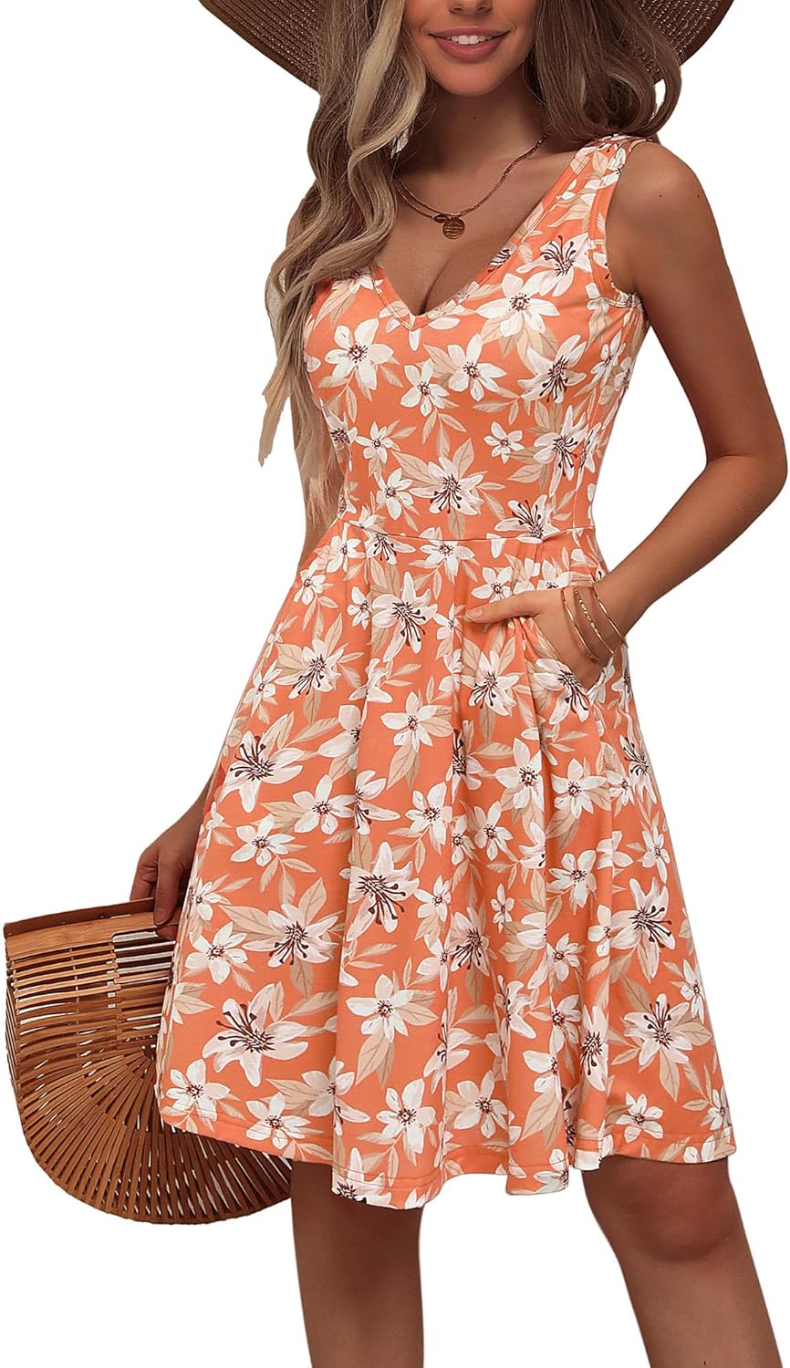 HUHOT Womens Sleeveless V Neck Dress with Pocket Summer Beach Midi Flared Tank Dress