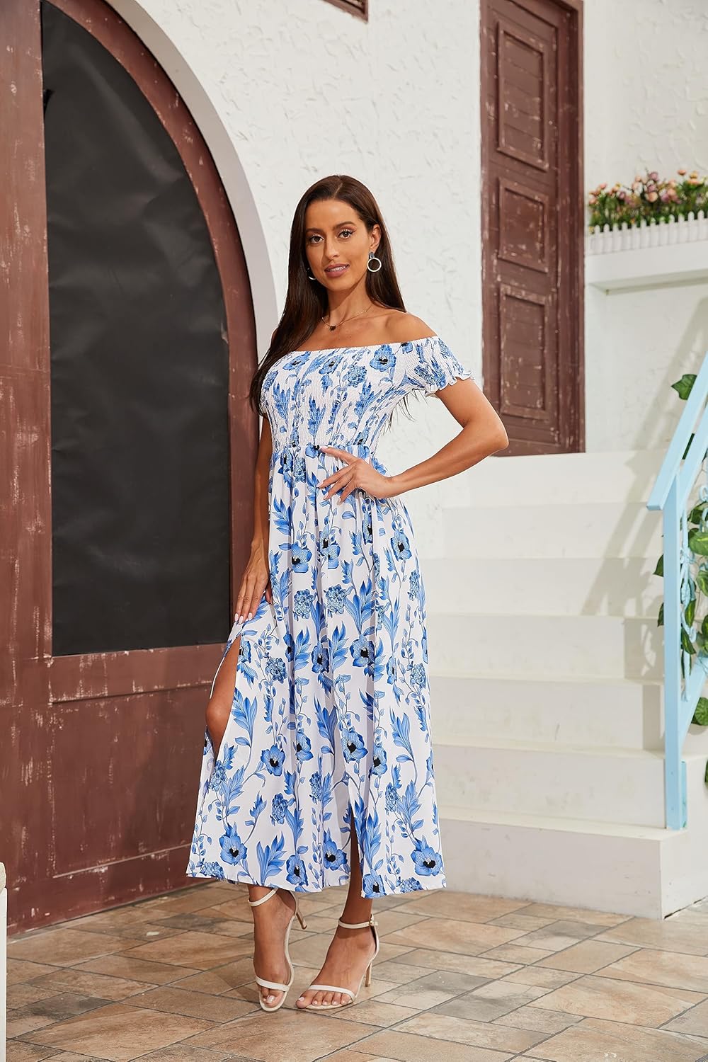 Floerns Women's Boho Floral Print Off Shoulder Split Long A Line Dress