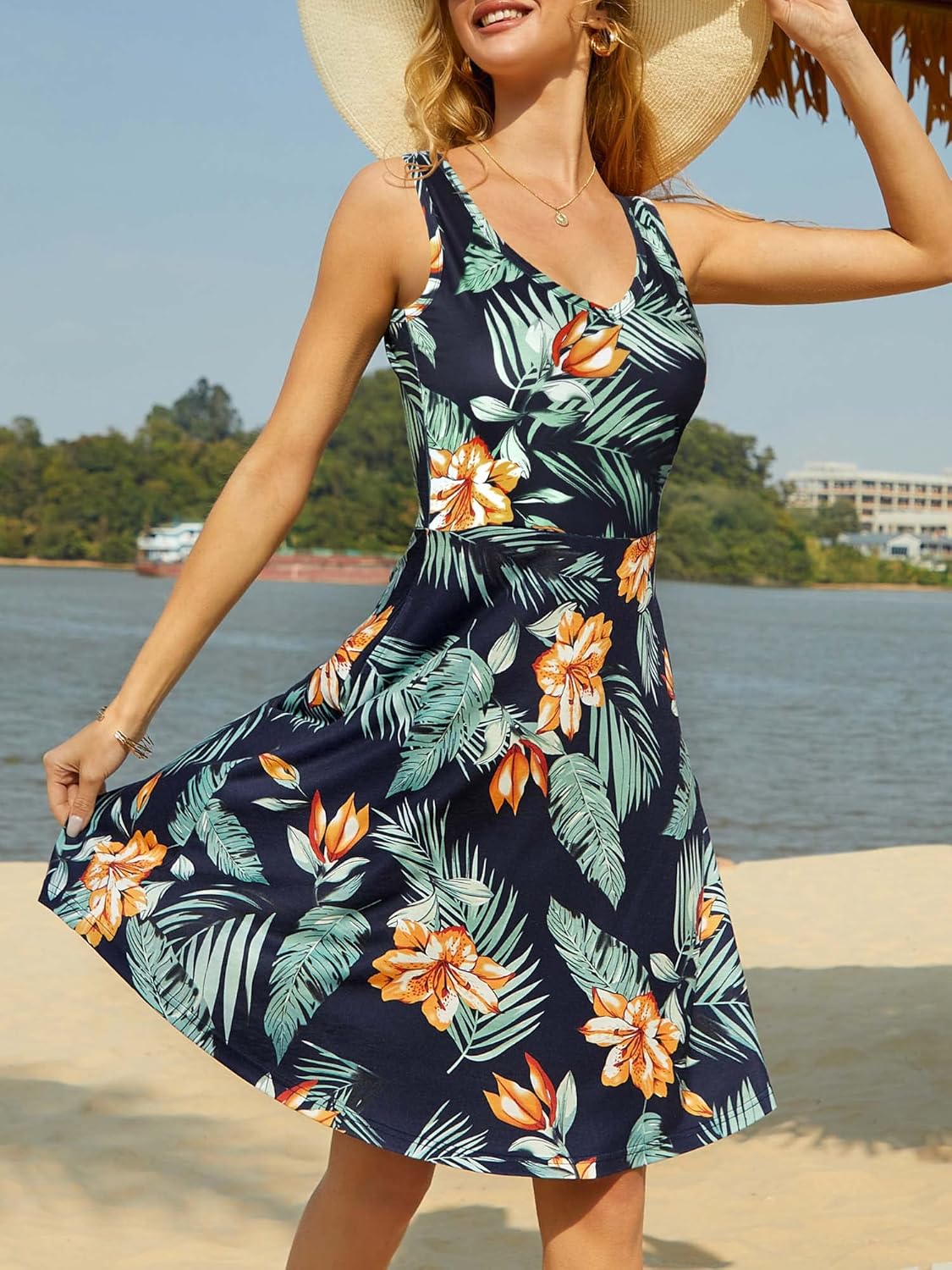 HUHOT Womens Sleeveless V Neck Dress with Pocket Summer Beach Midi Flared Tank Dress