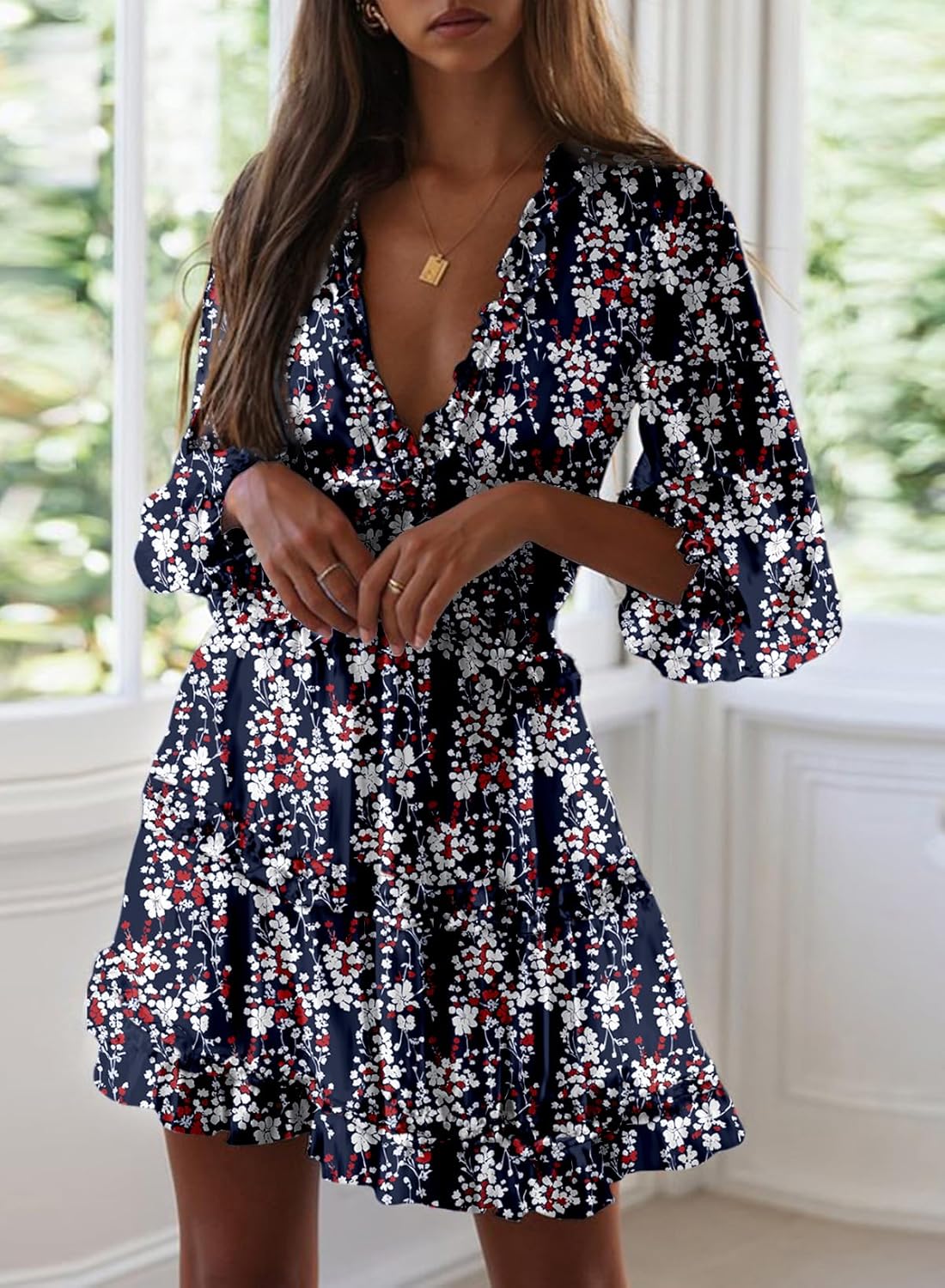 Dokotoo Womens 2025 Spring Summer Deep V Neck Long Sleeve Backless Ruffle Floral Flowy Mini Dress
