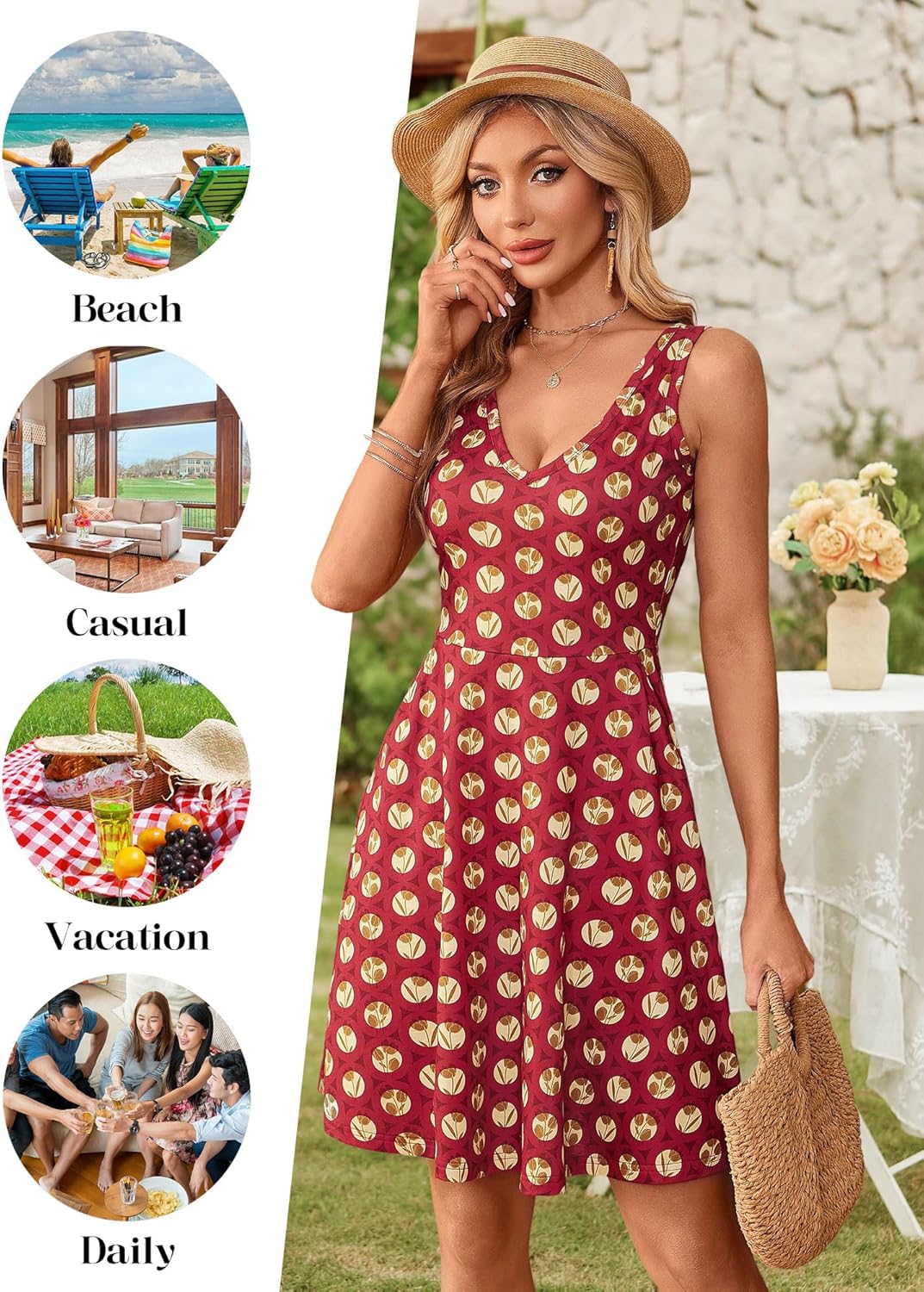 HUHOT Womens Sleeveless V Neck Dress with Pocket Summer Beach Midi Flared Tank Dress